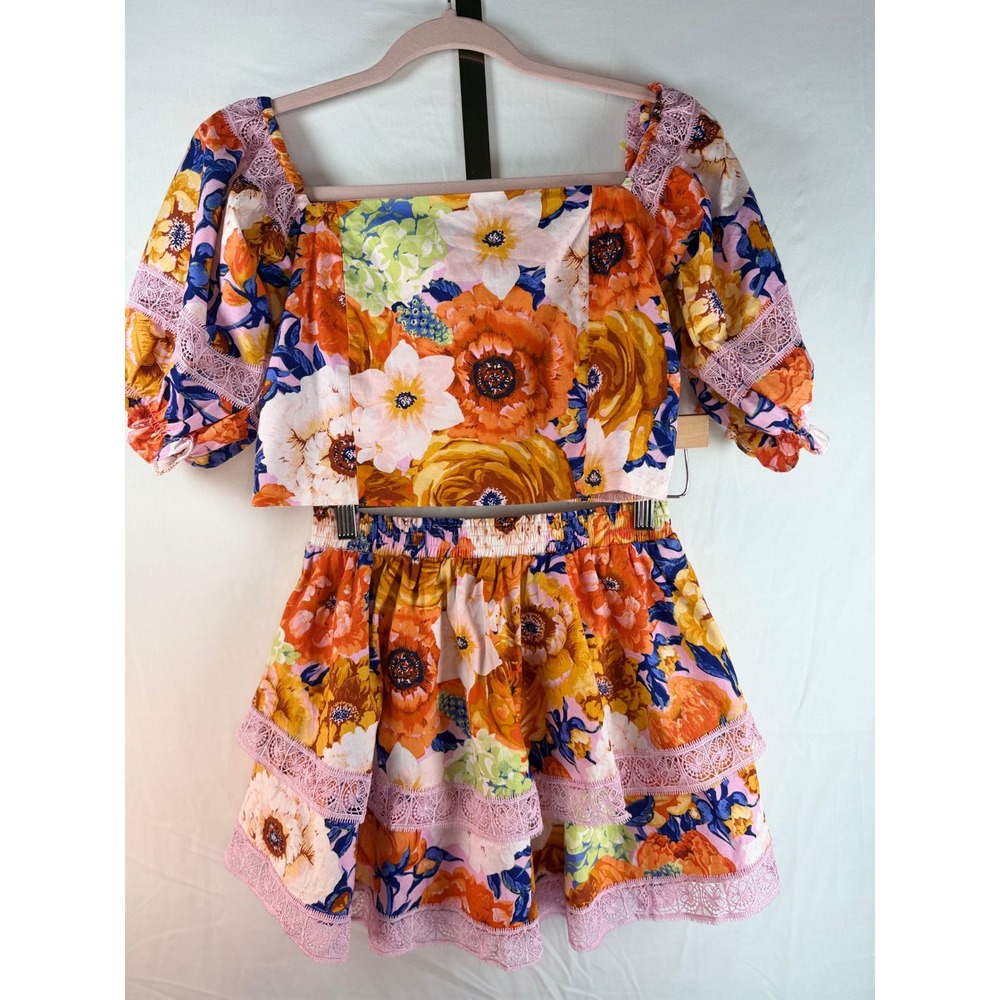Buddy Love Girls Floral 2 Piece Set Orange Pink Lace Tiered Skirt Crop Top Sz 14